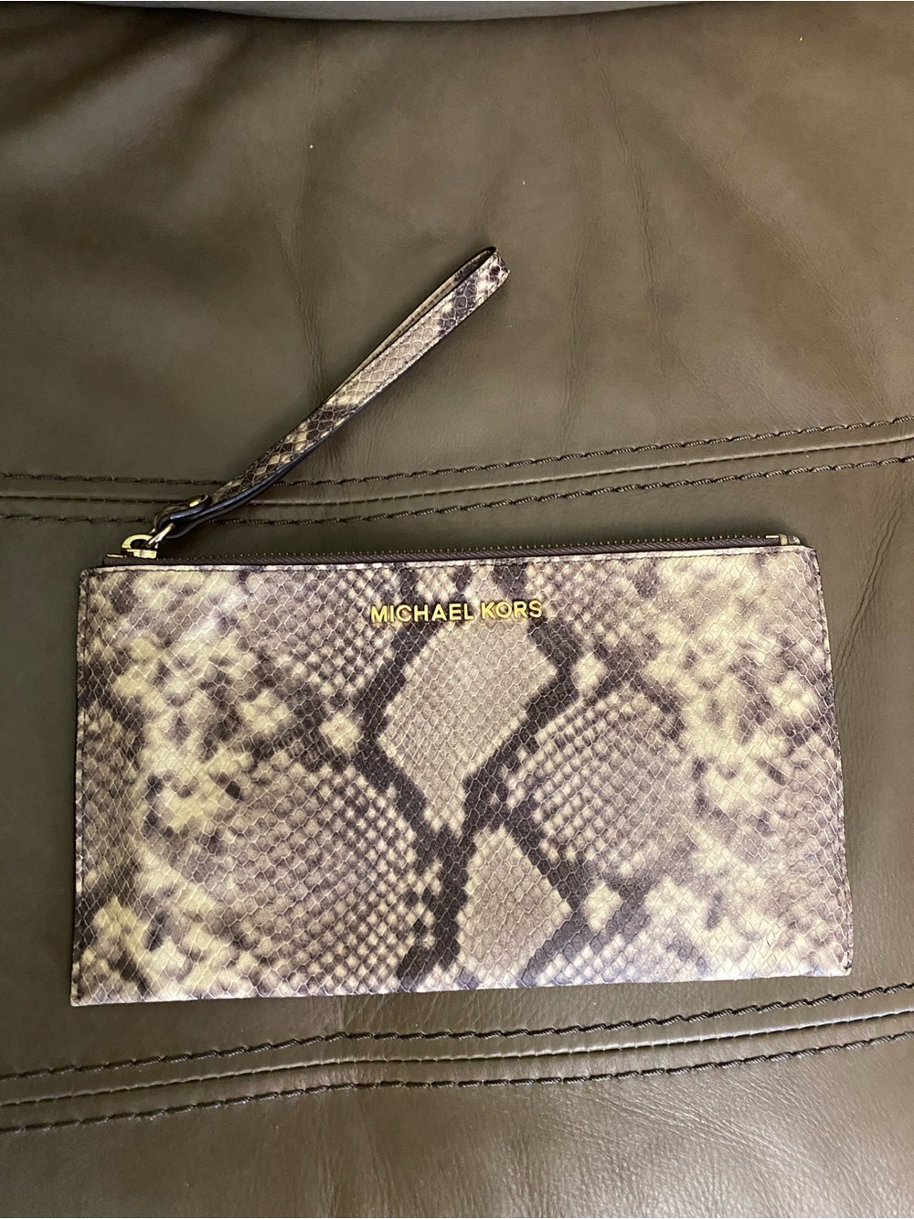 Michael Kors Large Snake Print Leather Wristlet Clutch - Taupe & Brown